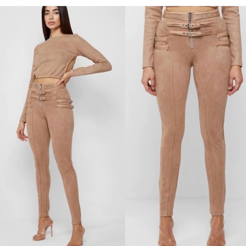 Vegan Suede Tan Buckle Bodycon Pants size 6
